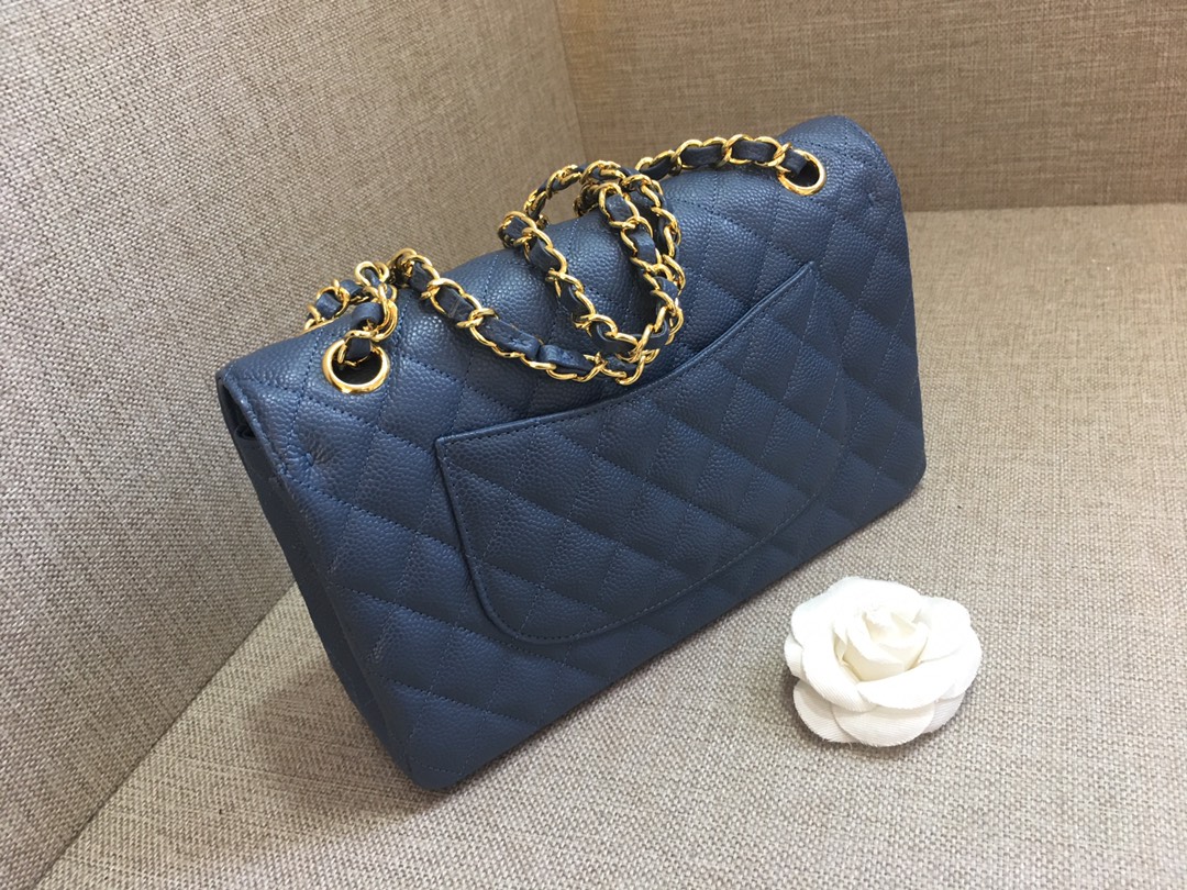 Medium Classic Flap Caviar Bag A01112 Dark Blue/Gold